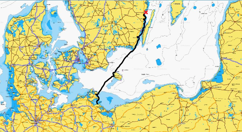 Karte Ostsee Süd Weg bis Kuggö ost mit rotem Kreuzle